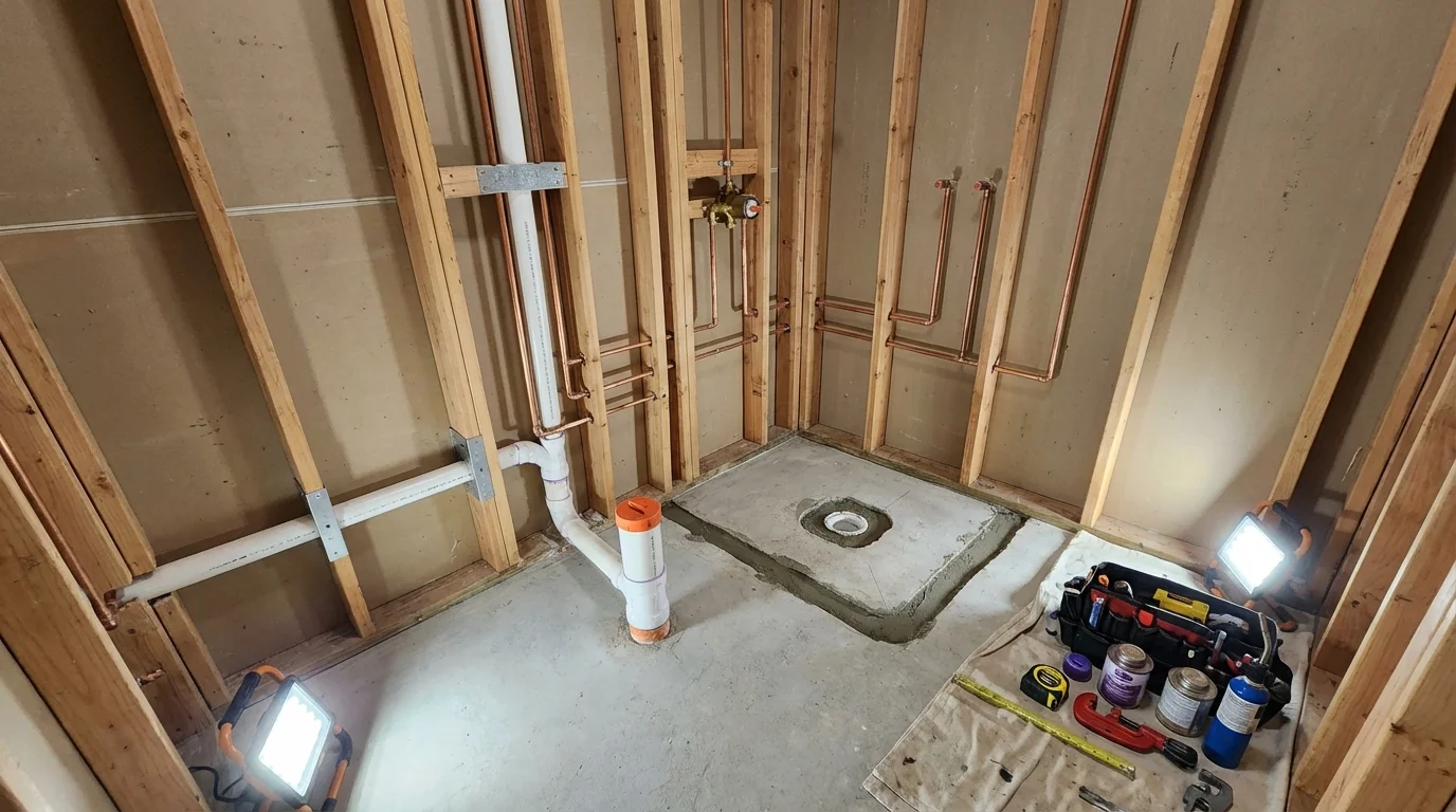 Bathroom rough-in plumbing during remodel by Johns Plumbing LLC in Belle Haven