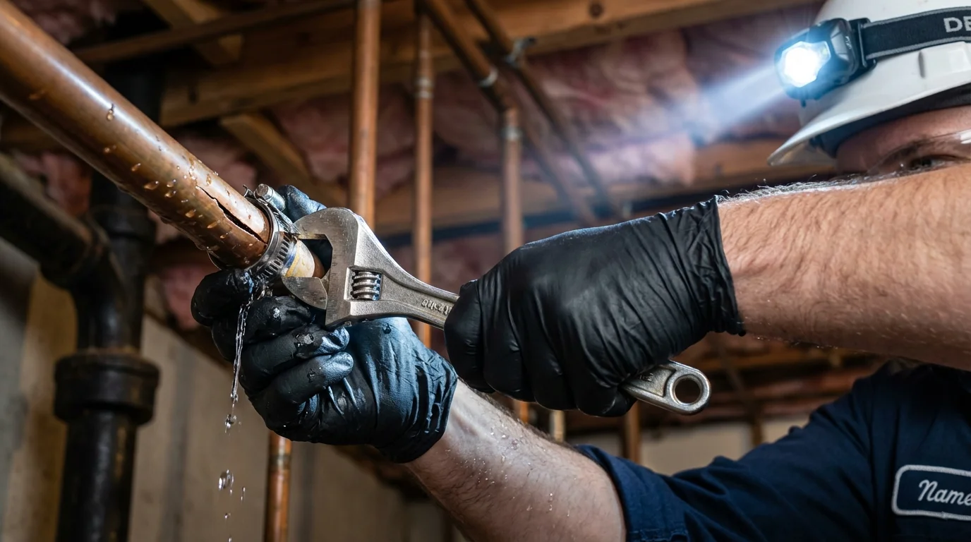 Emergency pipe clamp repair being performed by a Johns Plumbing LLC plumber in Belle Haven