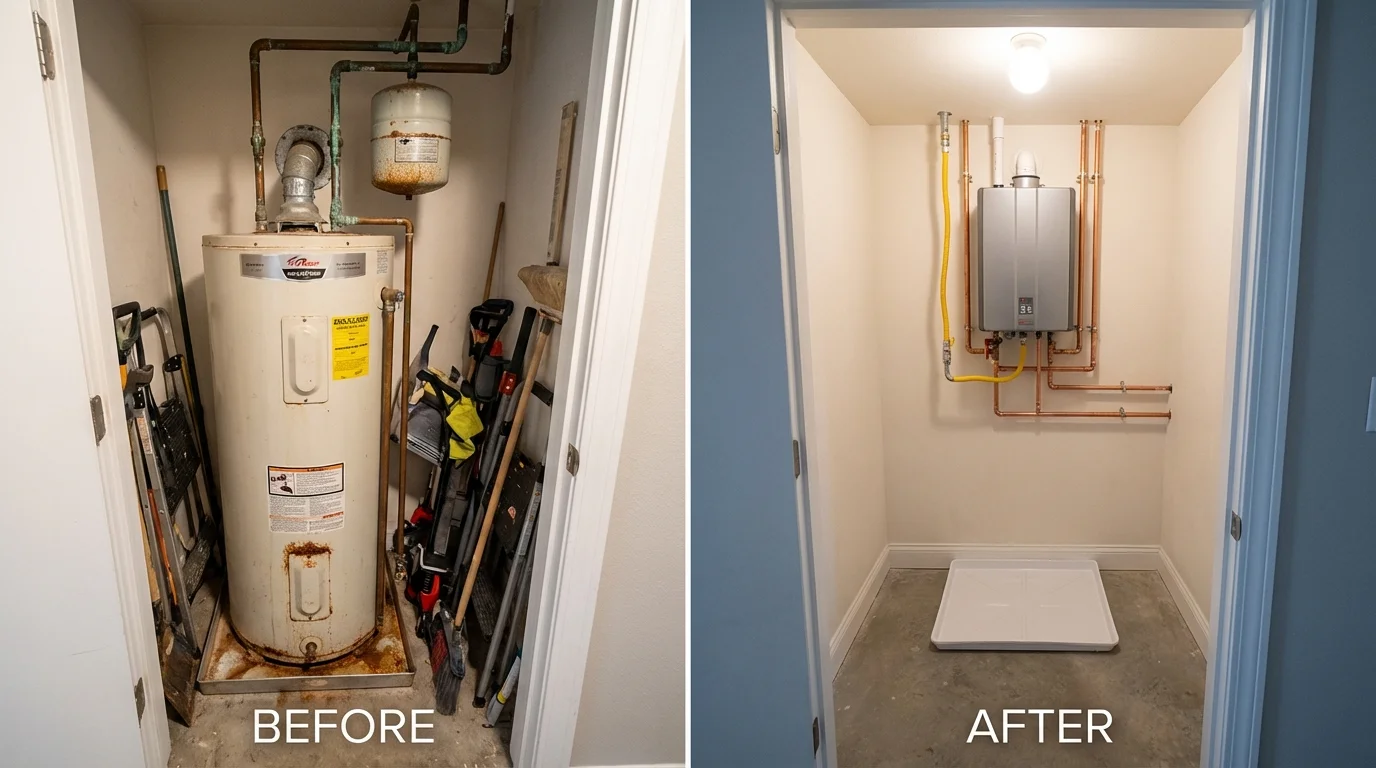 Tank water heater versus wall-mounted tankless unit comparison for Belle Haven, VA homeowners