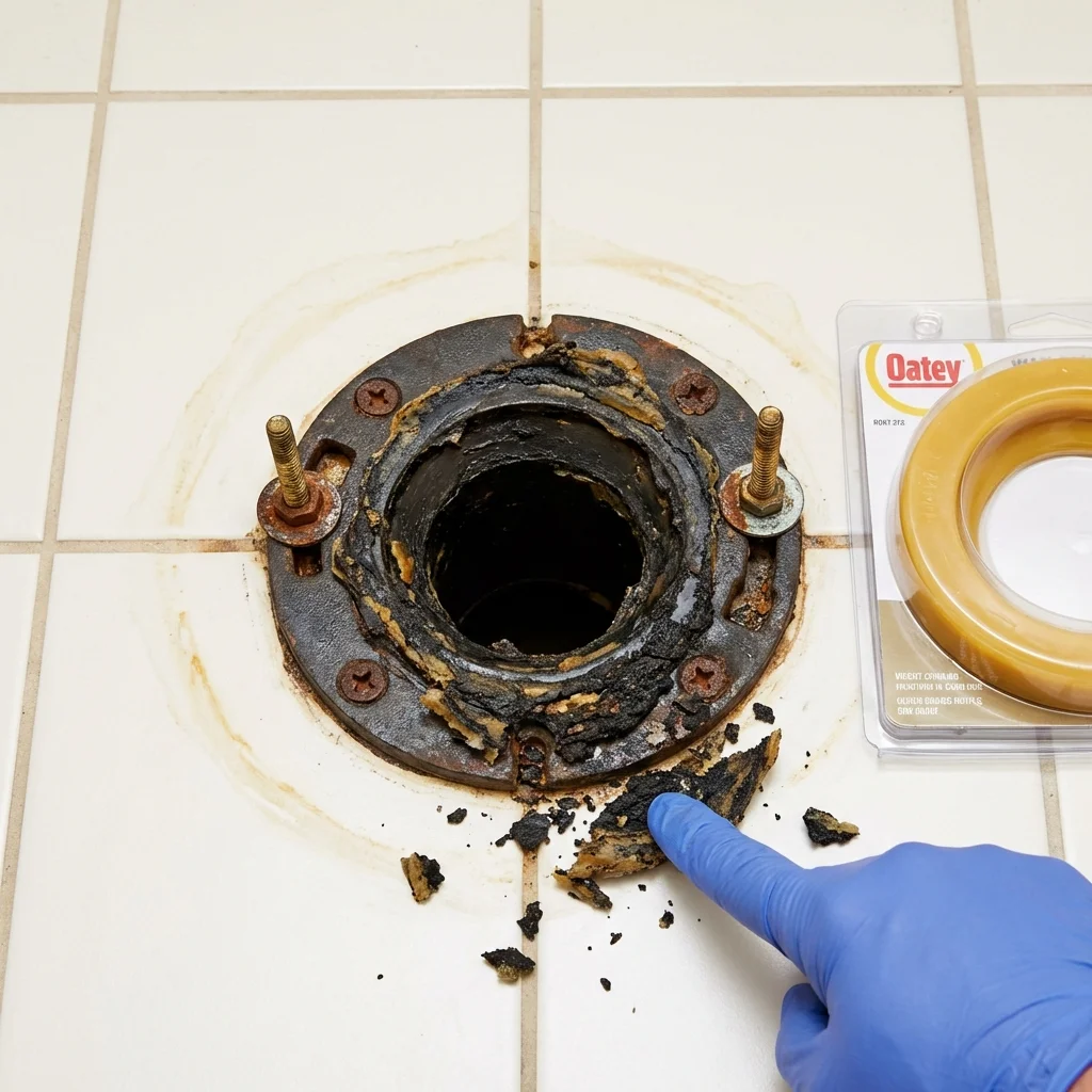 Failed wax ring showing water seepage at the base of a toilet in a Belle Haven, VA home