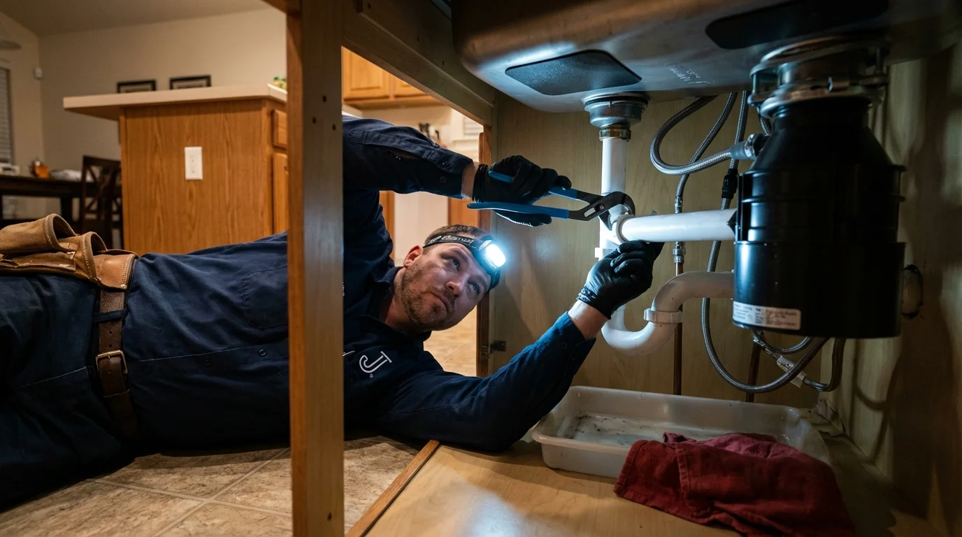 P-trap and supply line connections under a kitchen sink showing a common leak point in Belle Haven, VA
